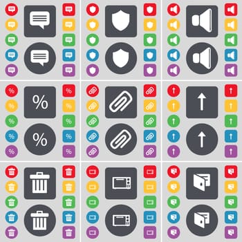 Chat bubble, Badge, Sound, Percent, Clip, Arrow up, Trash can, Microwave, Wallet icon symbol. A large set of flat, colored buttons for your design. illustration