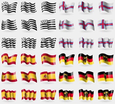 Brittany, Faroe Islands, Spain, Germany. Set of 36 flags of the countries of the world. illustration