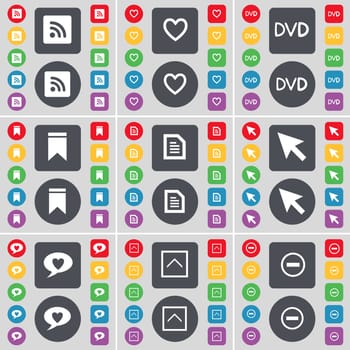 RSS, Heart, DVD, Marker, Text file, Cursor, Chat bubble, Arrow up, Minus icon symbol. A large set of flat, colored buttons for your design. illustration
