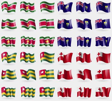 Suridame, Saint Helena, Togo, Tonga. Set of 36 flags of the countries of the world. illustration
