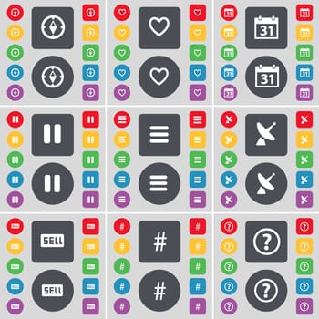 Compass, Heart, Calendar, Pause, Apps, Satellite dish, Sell, Hashtag, Question mark icon symbol. A large set of flat, colored buttons for your design. illustration