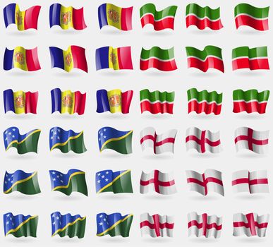 Andorra, Tatarstan, Solomon Islands, England. Set of 36 flags of the countries of the world. illustration