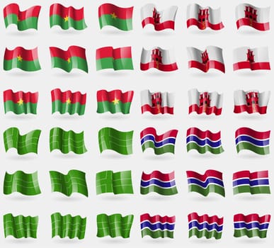 Burkia Faso, Gibraltar, Ladonia, Gambia. Set of 36 flags of the countries of the world. illustration