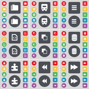 Folder, Truck, Apps, File, Copy, Database, Pazzle part, Rewind icon symbol. A large set of flat, colored buttons for your design. illustration