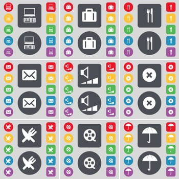 PC, Suitcase, Fork and knife, Message, Volume, Stop, Fork and knife, Videotape, Umbrella icon symbol. A large set of flat, colored buttons for your design. illustration