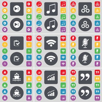 Media skip, Note, Gear, Survey, Wi-Fi, Microphone off, Ship, Graph, Quotation mark icon symbol. A large set of flat, colored buttons for your design. illustration
