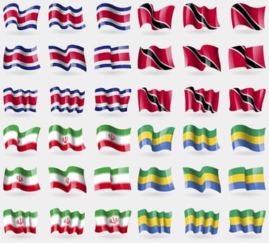 Costa Rica, Trinidad and Tobago, Iran, Gabon. Set of 36 flags of the countries of the world. illustration