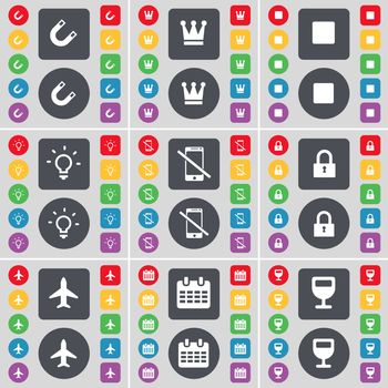 Magnet, Crown, Media stop, Light bulb, Smartphone, Lock, Airplane, Calendar, Wineglass icon symbol. A large set of flat, colored buttons for your design. illustration