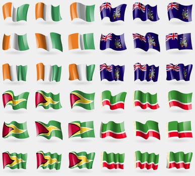 Cote Divoire, Georgia and Sandwich, Guyana, Chechen Republic. Set of 36 flags of the countries of the world. illustration