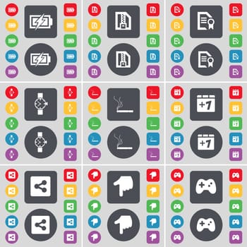 Charging, ZIP file, File, Wrist watch, Cigarette, Plus one, Share, Hand, Gamepad icon symbol. A large set of flat, colored buttons for your design. illustration