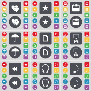 Heart, Star, Calendar, Umbrella, File, Game console, Rewind, Headphones, Note icon symbol. A large set of flat, colored buttons for your design. illustration