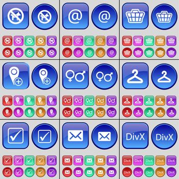 No pets allowed, Mail, Basket, Checkpoint, Gender symbols, Hanger, Tick, Message, DivX. A large set of multi-colored buttons. illustration