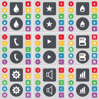 Drop, Star, Fire, Receiver, Media play, SIM card, Gear, Sound, Diagram icon symbol. A large set of flat, colored buttons for your design. illustration