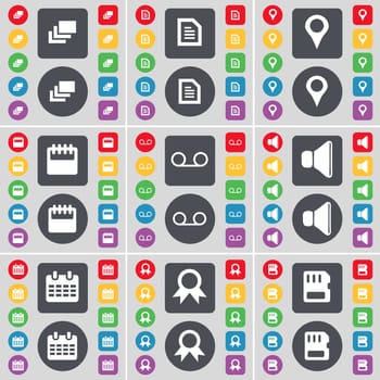 Gallery, Text file, Checkpoint, Calendar, Cassette, Sound, Medal, SIM card icon symbol. A large set of flat, colored buttons for your design. illustration