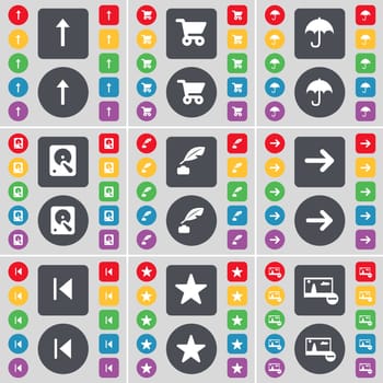 Arrow up, Shopping cart, Umbrella, Hard drive, Inkpot, Arrow right, Media skip, Star, Picture icon symbol. A large set of flat, colored buttons for your design. illustration