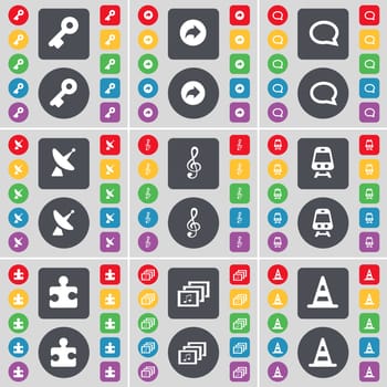 Key, Back, Chat bubble, Satellite dish, Clef, Train, Pazzle part, Gallery, Cone icon symbol. A large set of flat, colored buttons for your design. illustration