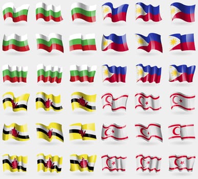 Bulgaria, Philippines, Brunei, Turkish Northern Cyprus. Set of 36 flags of the countries of the world. illustration