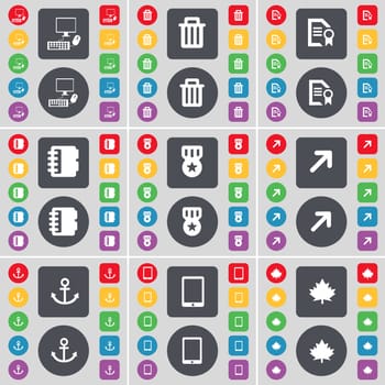 PC, Trash can, Text file, Notebook, Medal, Full screen, Anchor, Tablet PC, Maple leaf icon symbol. A large set of flat, colored buttons for your design. illustration