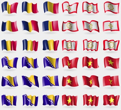 Chad, Sikkim, Bosnia and Herzegovina, Vietnam. Set of 36 flags of the countries of the world. illustration