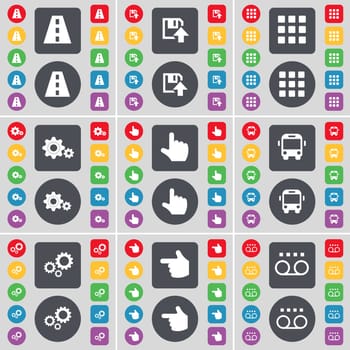 Road, Floppy, Apps, Gear, Hand, Bus, Cassette icon symbol. A large set of flat, colored buttons for your design. illustration