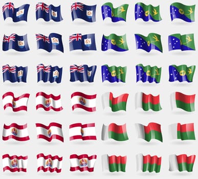 Anguilla, Christmas Island, French Polynesia, Madagascar. Set of 36 flags of the countries of the world. illustration