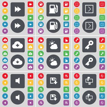 Rewind, Gas station, Arrow right, Cloud, Weather, Key, Sound, Floppy, Mailbox icon symbol. A large set of flat, colored buttons for your design. illustration