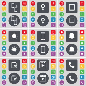 Information exchange, Venus symbol, Tablet PC, Light, Smartphone, Notification, Survey, Media player, Receiver icon symbol. A large set of flat, colored buttons for your design. illustration