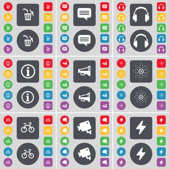 Trash can, Chat bubble, Headphones, Infomation, Megaphone, Star, Bicycle, CCTV, Flash icon symbol. A large set of flat, colored buttons for your design. illustration
