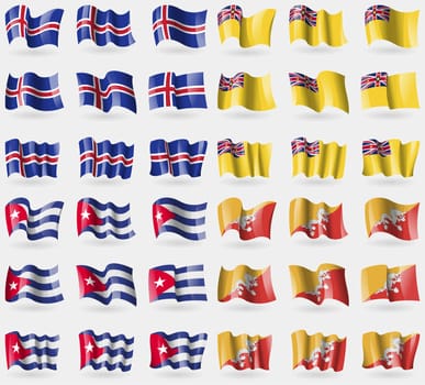 Iceland, Niue, Cuba, Bhutan. Set of 36 flags of the countries of the world. illustration