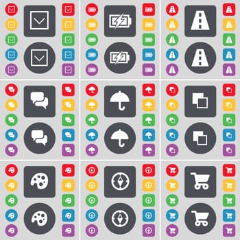 Arrow down, Charging, Road, Chat, Umbrella, Copy, Palette, Compass, Shopping cart icon symbol. A large set of flat, colored buttons for your design. illustration
