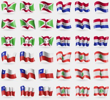 Burundi, Paraguay, Chile, Lebanon. Set of 36 flags of the countries of the world. illustration