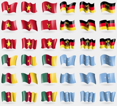 Vietnam, Germany, Cameroon, Micronesia. Set of 36 flags of the countries of the world. illustration