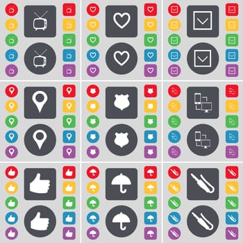 Retro TV, Heart, Arrow down, Checkpoint, Police badge, Information exchange, Like, Umbrella, Microphone connector icon symbol. A large set of flat, colored buttons for your design. illustration