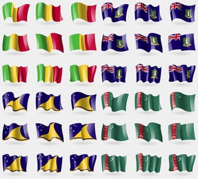 Mali, VirginIslandsUK, Tokelau, Turkmenistan. Set of 36 flags of the countries of the world. illustration