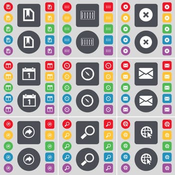 File, Equalizer, Stop, Calendar, Compass, Message, Back, Magnifying glass, Web with cursor icon symbol. A large set of flat, colored buttons for your design. illustration