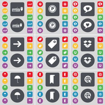 Keyboard, Parking, Chat bubble, Arrow right, Tag, Dropbox, Umbrella, Marker, Web cursor icon symbol. A large set of flat, colored buttons for your design. illustration