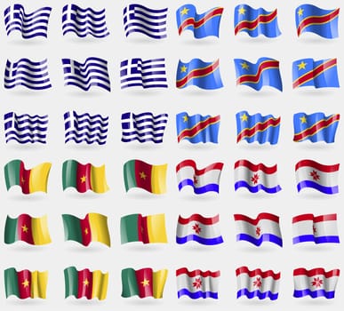 Greece, Congo Democratic Republic, Cameroon, Mordovia. Set of 36 flags of the countries of the world. illustration