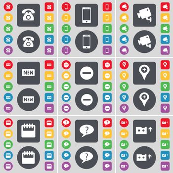 Retrophone, Smartphone, CCTV, New, Minus, Checkpoint, Calendar, Chat bubble, Cassette icon symbol. A large set of flat, colored buttons for your design. illustration