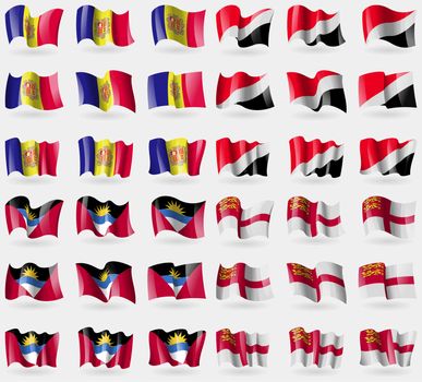 Andorra, Sealand Principality, Antigua and Barbuda, Sark. Set of 36 flags of the countries of the world. illustration