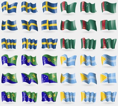 Sweden, Turkmenistan, Christmas Island, Tuva. Set of 36 flags of the countries of the world. illustration