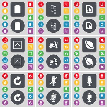 Battery, Information exchange, Diagram file, Arrow up, Scooter, Planet, Reload, Microphone icon symbol. A large set of flat, colored buttons for your design. illustration