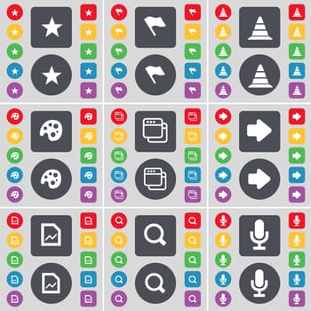 Star, Flag, Cone, Palette, Window, Arrow right, Graph file, Magnifying glass, Microphone icon symbol. A large set of flat, colored buttons for your design. illustration