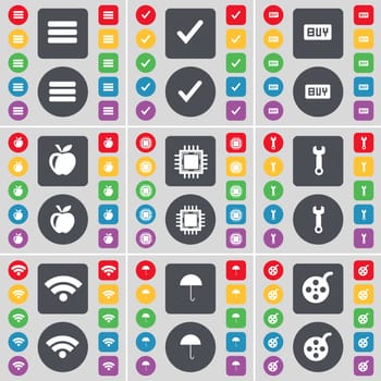 Apps, Tick, Buy, Apple, Processor, Wrench, Wi-Fi, Umbrella, Videotape icon symbol. A large set of flat, colored buttons for your design. illustration