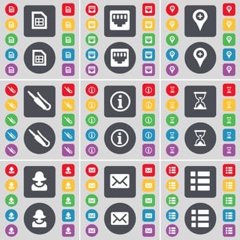 File, LAN socket, Checkpoint, Microphone connector, Information, Hourglass, Avatar, Message, List icon symbol. A large set of flat, colored buttons for your design. illustration
