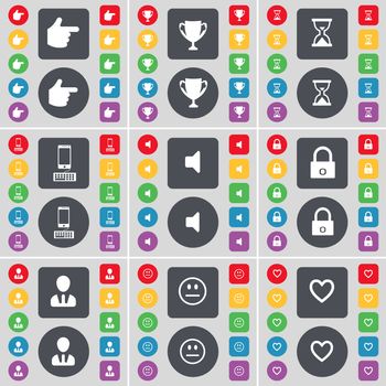 Hand, Cup, Hourglass, Smartphone, Sound, Lock, Avatar, Smile, Heart icon symbol. A large set of flat, colored buttons for your design. illustration