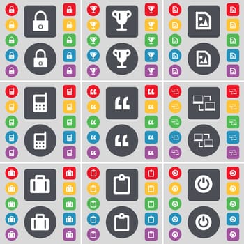 Lock, Cup, Media file, Mobile phone, Quotation mark, Information exchange, Suitcase, Survey, Power icon symbol. A large set of flat, colored buttons for your design. illustration