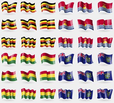 Uganda, Kiribati, Bolivia, Pitcairn Islands. Set of 36 flags of the countries of the world. illustration