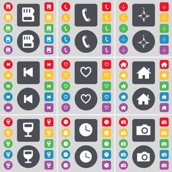 SIM card, Receiver, Compass, Media skip, Heart, House, Wineglass, Clock, Camera icon symbol. A large set of flat, colored buttons for your design. illustration