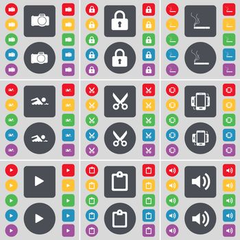 Camera, Lock, Cigarette, Swimmer, Scissors, Smartphone, Media play, Survey, Sound icon symbol. A large set of flat, colored buttons for your design. illustration