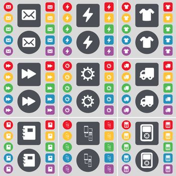 Message, Flash, T-Shirt, Rewind, Gear, Truck, Notebook, Information exchange, Player icon symbol. A large set of flat, colored buttons for your design. illustration